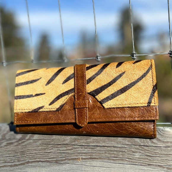 handmade Handbags - New Tiger stripe Hide-on Leather Flap Handmade womens Checkbook brown Wallet